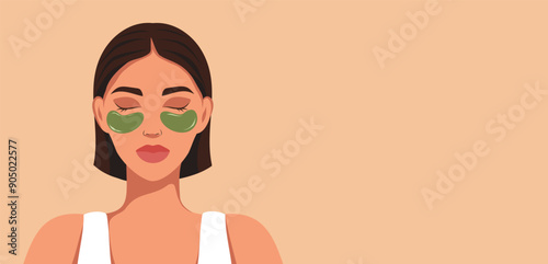 A beautiful woman takes care of her facial skin. Patches, facial massage, swelling removal. Youthful skin. Vector flat illustration for text, advertising, website, banner, posters, cover, flyer