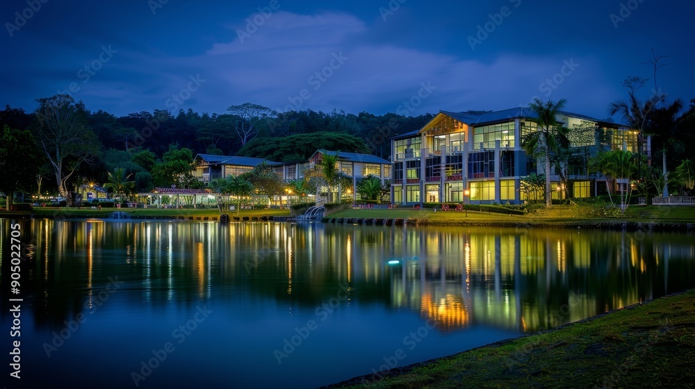 Obraz premium Illuminated Tech Park Skyline at Twilight: Serene Urban Oasis Reflecting Modern Architecture in Tranquil Waters. Innovative Business Hub Showcasing Nighttime Brilliance, Perfect for Tourism and Vacat