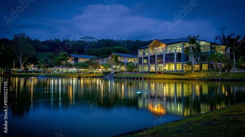  Illuminated Tech Park Skyline at Twilight: Serene Urban Oasis Reflecting Modern Architecture in Tranquil Waters. Innovative Business Hub Showcasing Nighttime Brilliance, Perfect for Tourism and Vacat