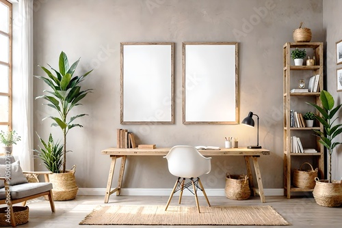 Wooden desk, bookcase, and picture frames, room design. View of modern scandinavian style interior with artwork mock up on wall.