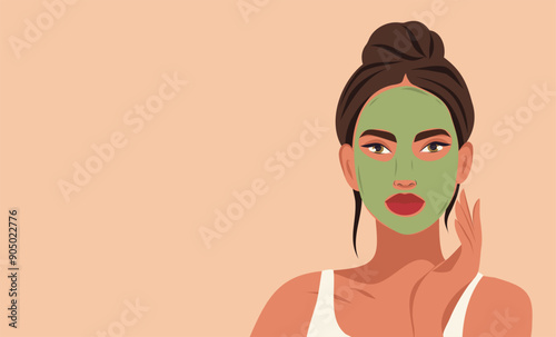 Ideal skin results. Facial cleansing, toning, creamy green mask. A beautiful woman takes care of her facial skin. Vector flat illustration for text, advertising, website, banner, posters, cover, flyer