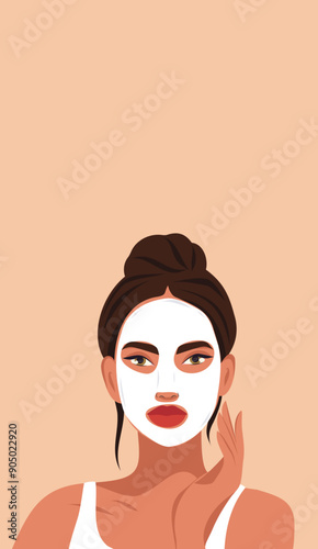Ideal skin results. Facial cleansing, toning, creamy white mask. A beautiful woman takes care of her facial skin. Vector flat illustration for text, advertising, website, banner, posters, cover, flyer