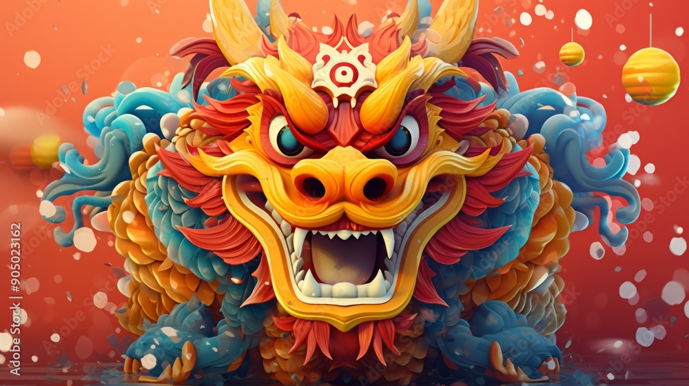 Obraz premium Colorful chinese new year traditional dragon portrait. Neural network ai generated art