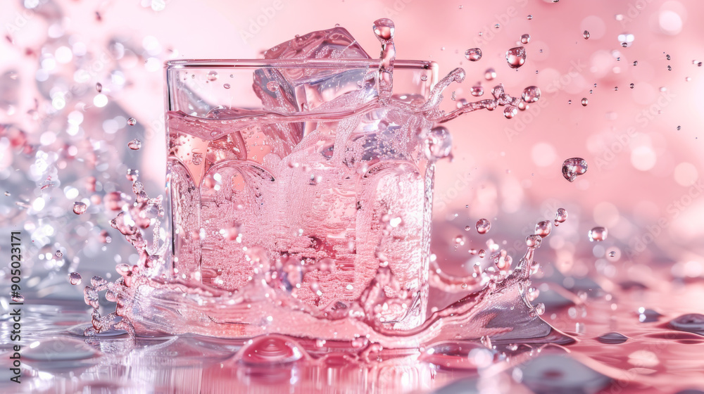 Close-up of a transparent glass with water and ice with the addition of strawberries on a pink background. Splashes of water with a glass next to strawberries. Drinks concept. Close-up of a transparent glass with water and ice with the addition of strawberries on a pink background. Splashes of water with a glass next to strawberries. Drinks concept.