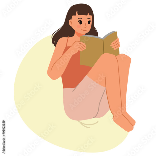 woman reading a book sitting on bean bag illustration
