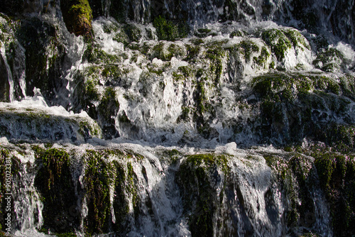 flowing sparkling water flowing over overgrown rocks