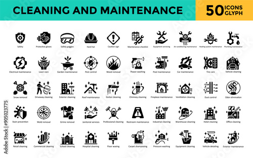 Cleaning and Maintenance icon set with safety, protective gloves, safety goggles, hard hat, caution sign, maintenance checklist, equipment servicing, air conditioning icon. Simple glyph vector 
