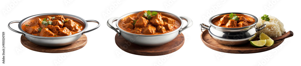 A set of Indian butter full chicken curry in balti dish Isolated On Transparent Background Png A set of Indian butter full chicken curry in balti dish Isolated On Transparent Background Png