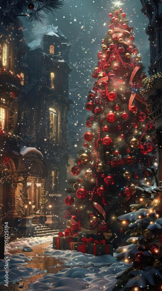 Fototapeta premium A beautiful winter scene of a snow-covered street with a large decorated Christmas tree in the foreground