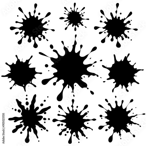 A collection of black ink splashes scattered on a white background