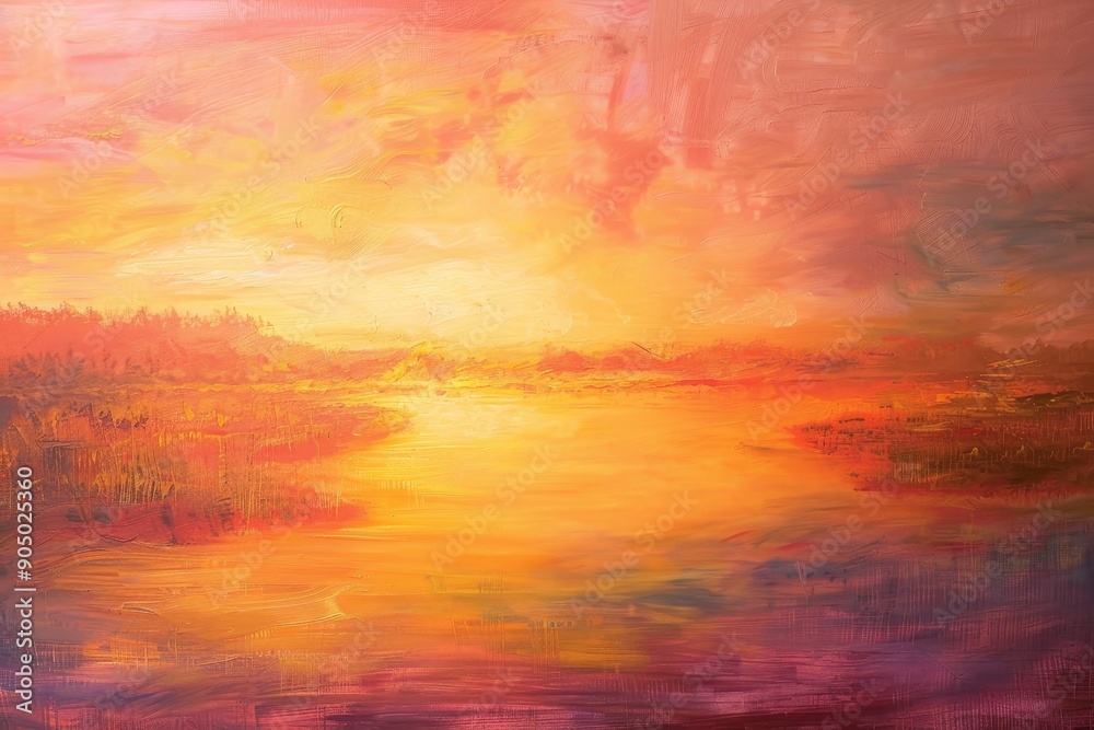 Obraz premium An oil painting depicting a golden sunset over a river, with hues of orange and reflections on the water, Golden sunsets painting the sky in hues of orange and pink