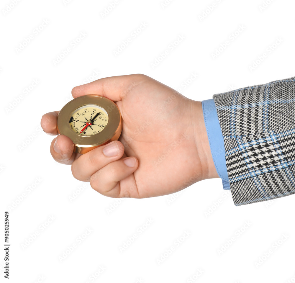 Man holding compass on white background, closeup Man holding compass on white background, closeup