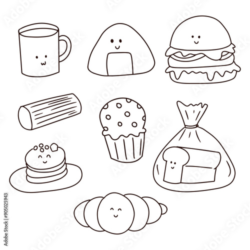 set of watercolor and hand drawn cute breakfast.onigiri, coffee, bread, cupcakes, pancakes, croissant