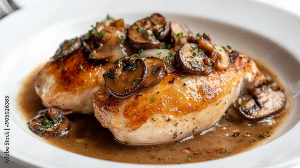 A plate of roasted chicken breast topped with truffle mushrooms and a rich gravy, on a white background.