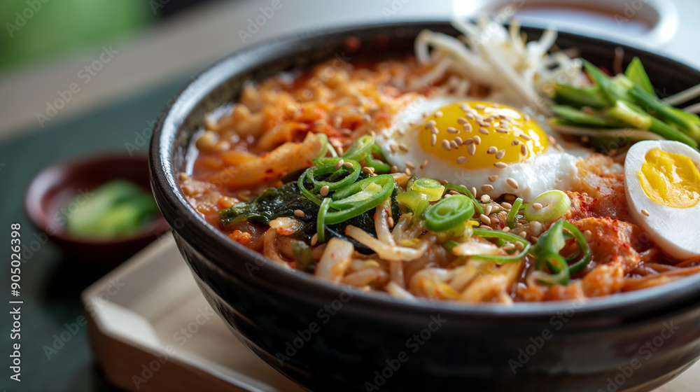 Korean Bibimbap with beef, egg, and assorted vegetables.
Korean Bibimbap with beef, egg, and assorted vegetables.