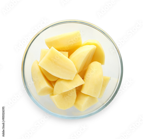 Raw potatoes in bowl isolated on white, top view