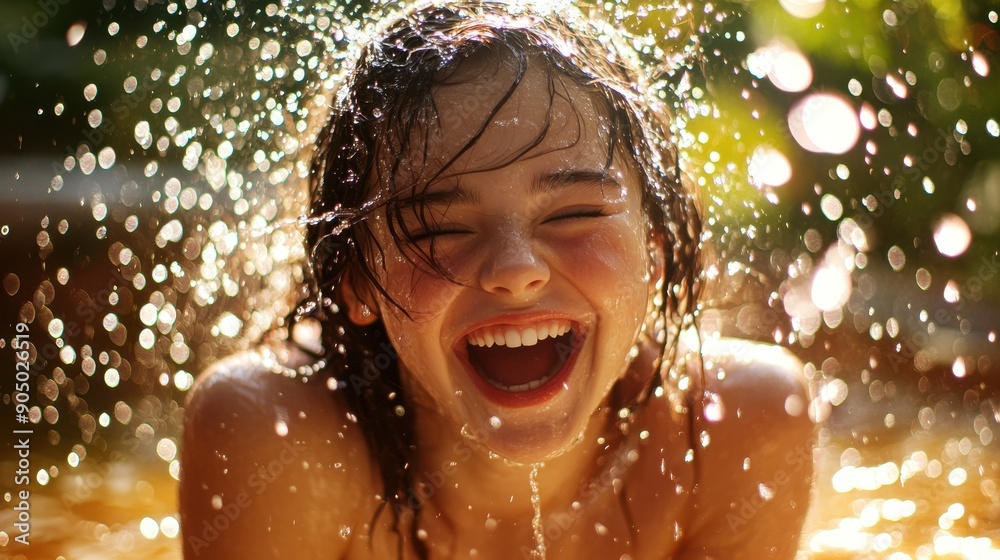 Fototapeta premium Joyful Young Woman Laughing in Sunlit Water with Sparkling Bokeh Background