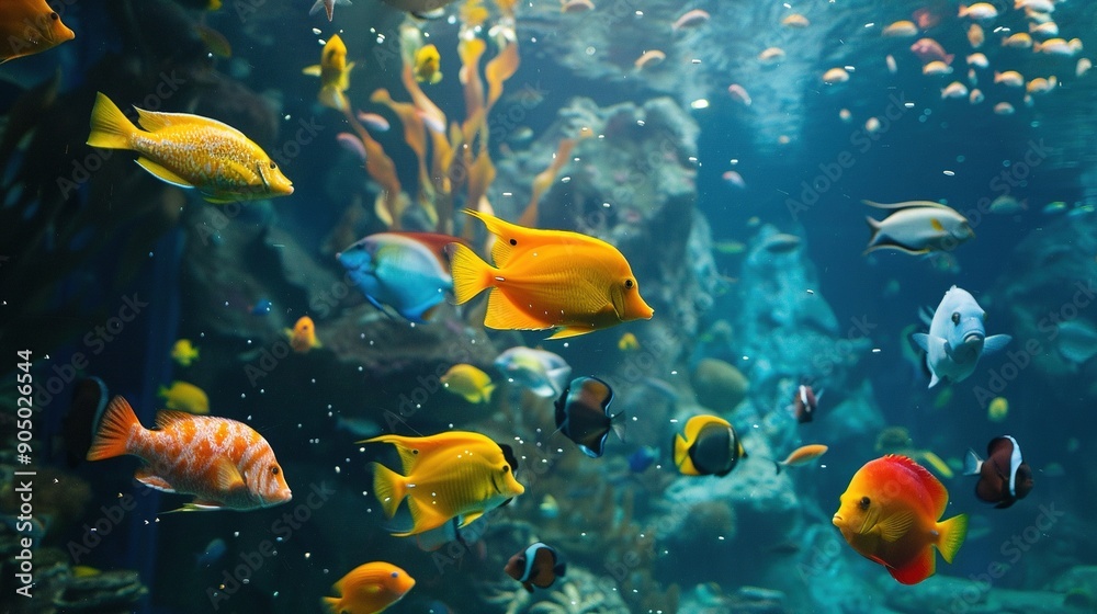 Obraz premium large aquarium with many colorful fish swimming in the water
