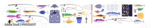 Fishing gear set. Hook, lure, bait and net. Angler, rod, reel and bobbers, fish tackles in box. Angling and spinning equipment, accessories. Flat vector illustration isolated on white background