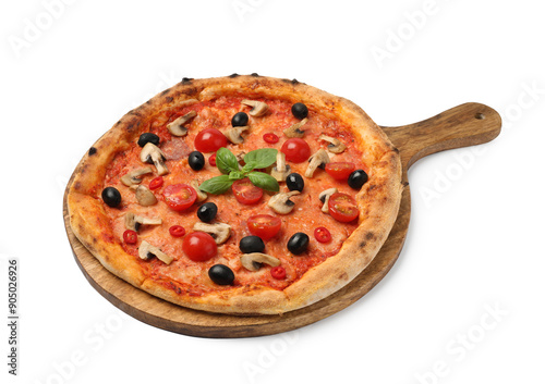 Delicious pizza with tomatoes, mushrooms, black olives and basil isolated on white