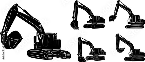 set of excavator silhouette, on white background vector