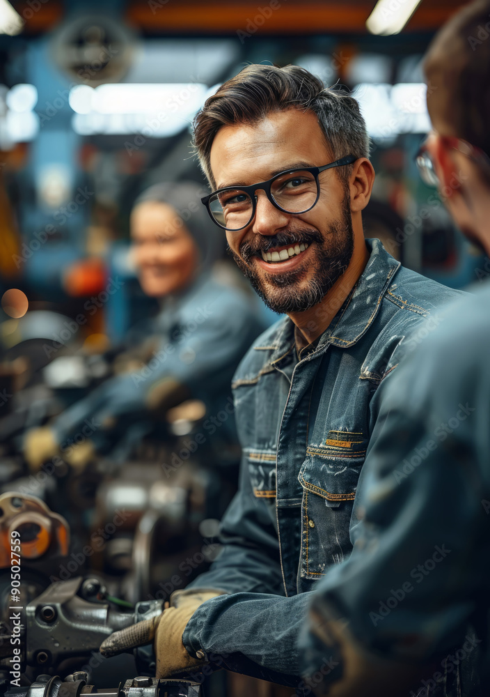 Group of diverse mechanics, celebrating the completion of a challenging project, diversity in the auto shop. Group of diverse mechanics, celebrating the completion of a challenging project, diversity in the auto shop.