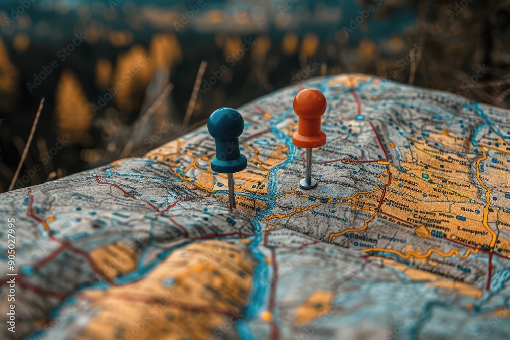 Map with two pins marking locations. This image is perfect for representing travel, exploration, or planning a journey. Map with two pins marking locations. This image is perfect for representing travel, exploration, or planning a journey.
