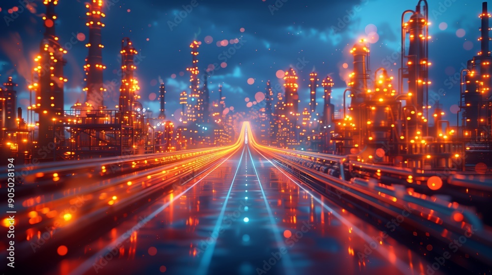 Fototapeta premium Illuminated Industrial Landscape at Night With Reflections in Rain on Paved Road