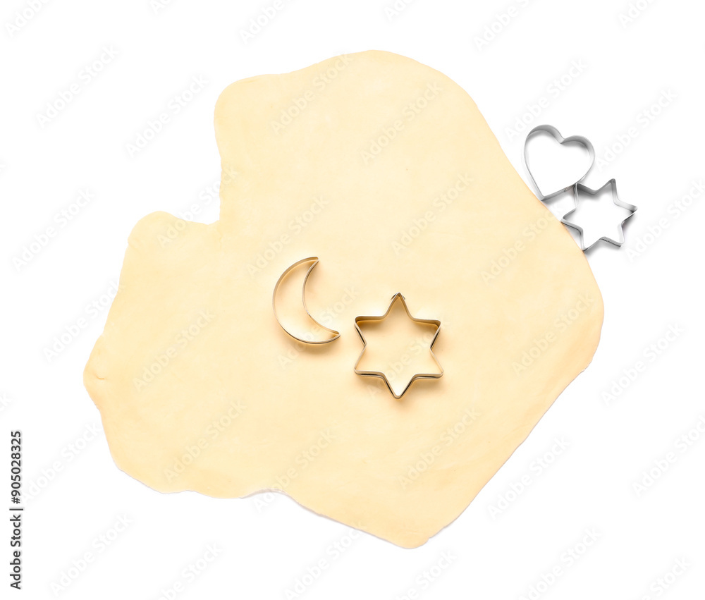 Raw dough and cookie cutters isolated on white, top view Raw dough and cookie cutters isolated on white, top view