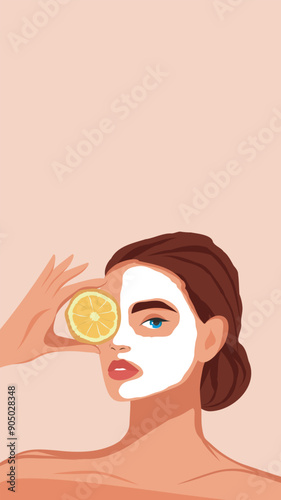 Skin care cosmetics. A beautiful woman takes care of her facial skin. Cleansing your face with a sheet mask. Ideal skin results. Vector flat illustration for text for advertising, website, banner
