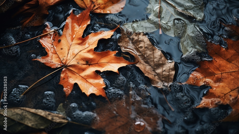 Maple autumn leaf on wet asphalt after rain. Neural network ai generated art