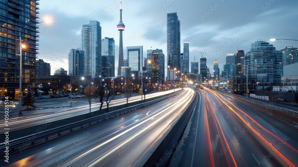 Cityscape at dusk with transitioning light and light trails from cars and streetlights. Cityscape at dusk with transitioning light and light trails from cars and streetlights.