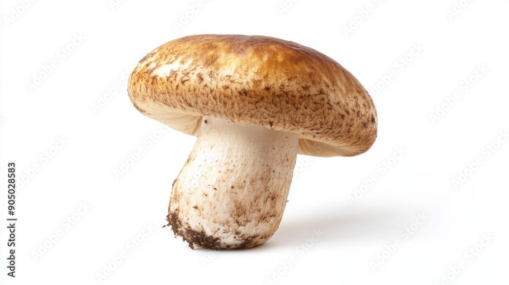 A single Matsutake mushroom with its distinct cap and stem, isolated on a white background. A single Matsutake mushroom with its distinct cap and stem, isolated on a white background.