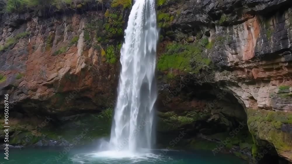 A majestic waterfall cascades down rocky cliffs, surrounded by lush greenery, evoking tranquility and natural beauty A majestic waterfall cascades down rocky cliffs, surrounded by lush greenery, evoking tranquility and natural beauty