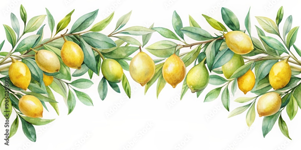 Watercolor lemon and olive branches create a beautiful seamless border, watercolor, lemon, olive, branches, ornament, seamless Watercolor lemon and olive branches create a beautiful seamless border, watercolor, lemon, olive, branches, ornament, seamless