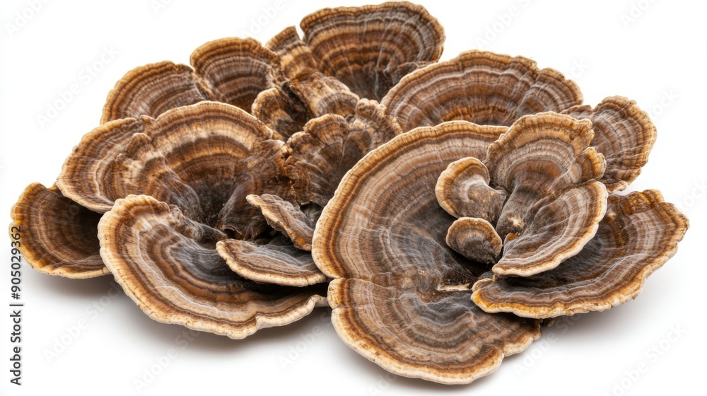 A spread of fresh turkey tail mushrooms with detailed textures, isolated on a white background. A spread of fresh turkey tail mushrooms with detailed textures, isolated on a white background.