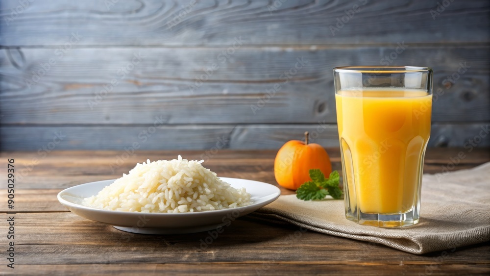 Glass of orange juice and plate of rice on table, orange juice, glass, table, rice, plate, food, drink, healthy, fresh, breakfast Glass of orange juice and plate of rice on table, orange juice, glass, table, rice, plate, food, drink, healthy, fresh, breakfast