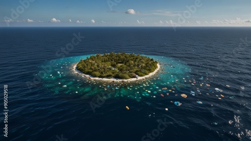 A large island of accumulated plastic waste in the open ocean, the picture is highlighting the pollution problem