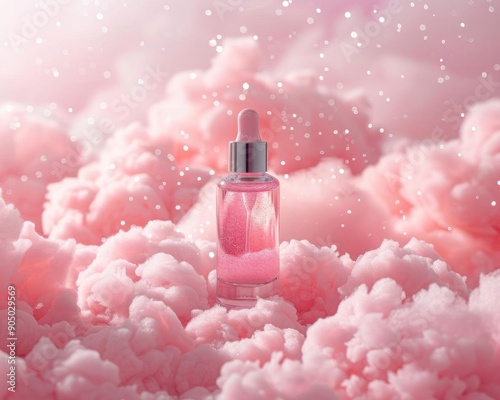 A bottle of face serum. It has a pink liquid. The bottle is on a pink cloud. There are pink sparkles floating around. The background is a light pink.