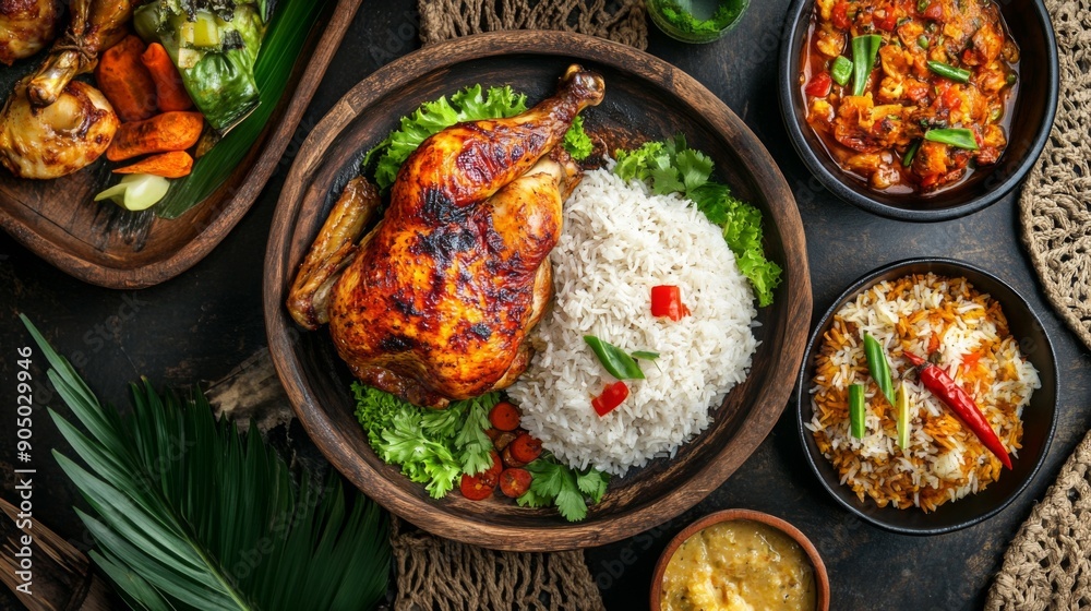A top view of a rustic table setting with rice and roasted chicken as the main dish. A top view of a rustic table setting with rice and roasted chicken as the main dish.