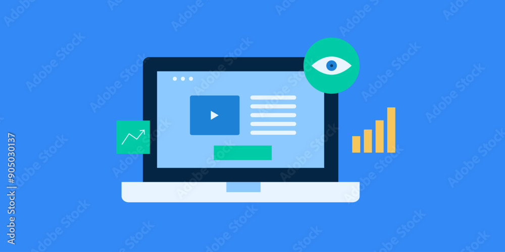 Social media video content marketing data monitoring and engagement metrics analysis, vector illustration. Social media video content marketing data monitoring and engagement metrics analysis, vector illustration.