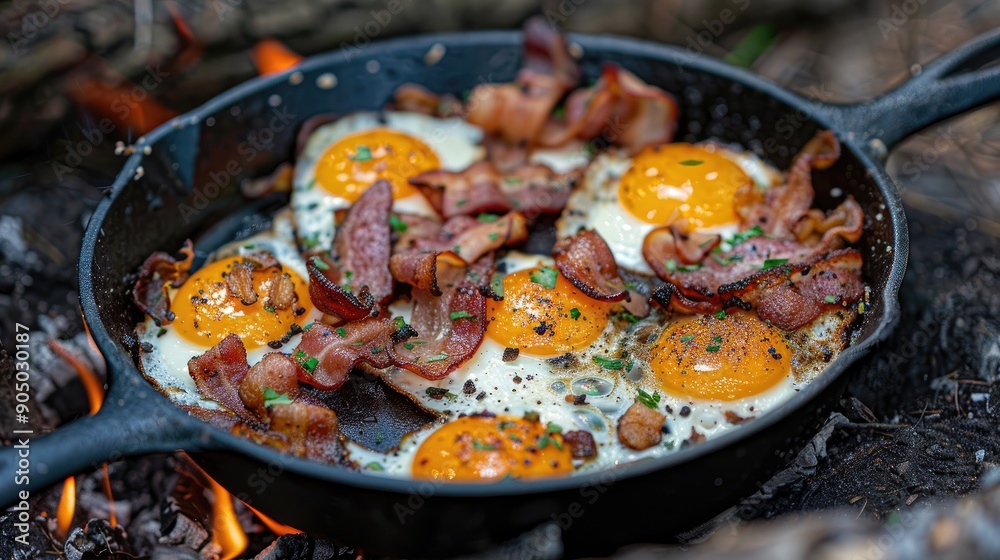 Eggs and bacon cooked in a cast iron skillet. Perfect for a hearty breakfast or brunch. Eggs and bacon cooked in a cast iron skillet. Perfect for a hearty breakfast or brunch.