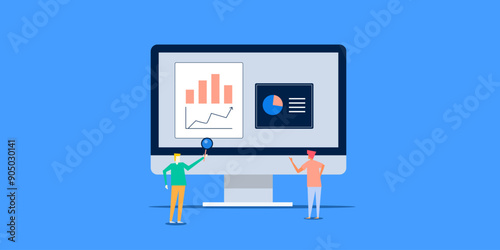 Businesspeople analysing marketing and financial report, business analytics and investment data on computer screen, vector illustration.