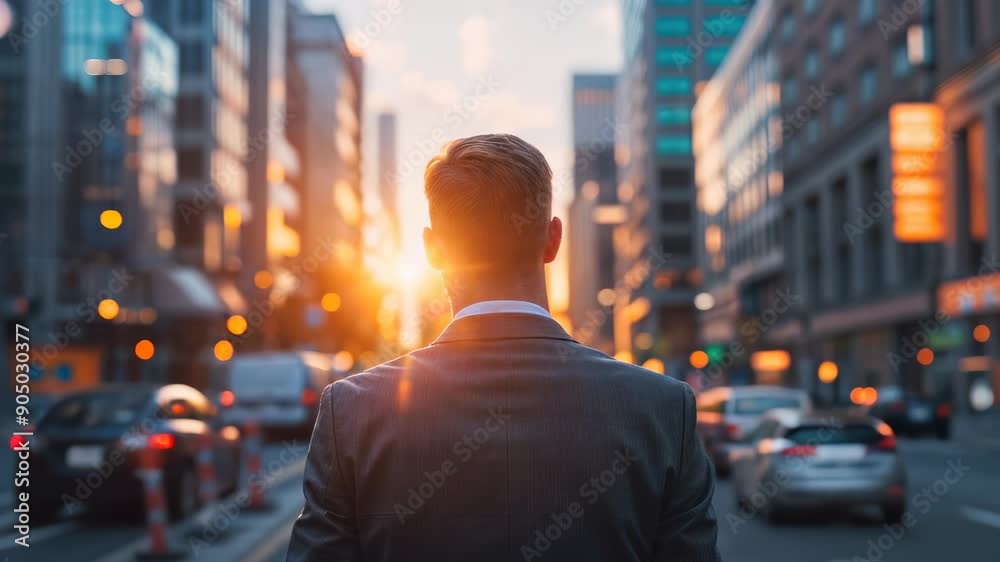 Businessman in city street sunset. Business and success concept. Professional entrepreneur standing in downtown district. Man in suit. Male silhouette contemplation. Corporate achievement motivation. Businessman in city street sunset. Business and success concept. Professional entrepreneur standing in downtown district. Man in suit. Male silhouette contemplation. Corporate achievement motivation.