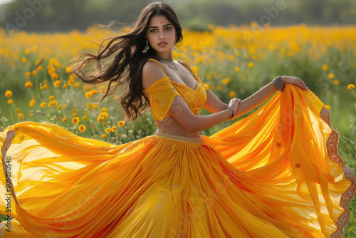 Indian woman with a mischievous grin, twirling in a sunshine green and yellow lehenga choli adorned with colorful tassels.