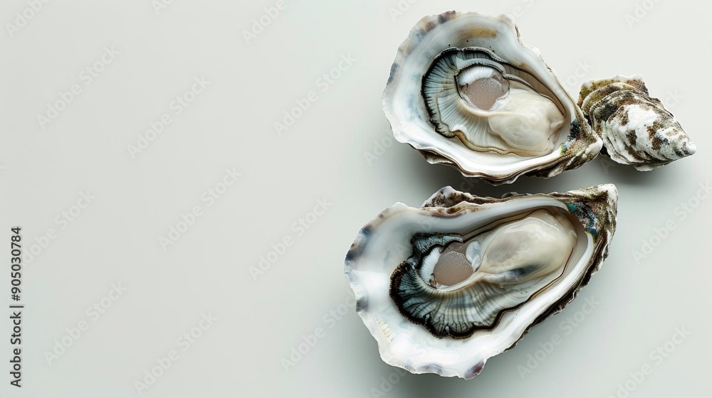 Two open oysters on a white background. Two open oysters on a white background.