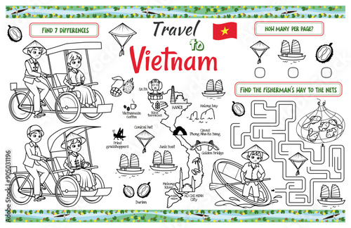 A fun placemat for kids. Printable “Travel to Vietnam” activity sheet with a labyrinth and find the differences. 17x11 inch printable vector file