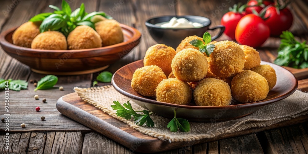 Deep fried arancini balls on rustic background traditional Italian cuisine, arancini, deep fried, Italian, cuisine Deep fried arancini balls on rustic background traditional Italian cuisine, arancini, deep fried, Italian, cuisine