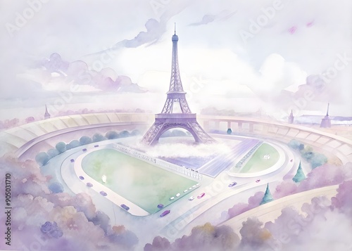 Stadium athletic track surrounded background, Paris 2024 Olympic games concept