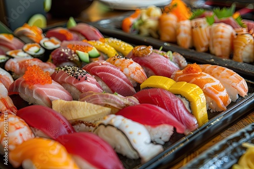 a close up of a tray of sushi